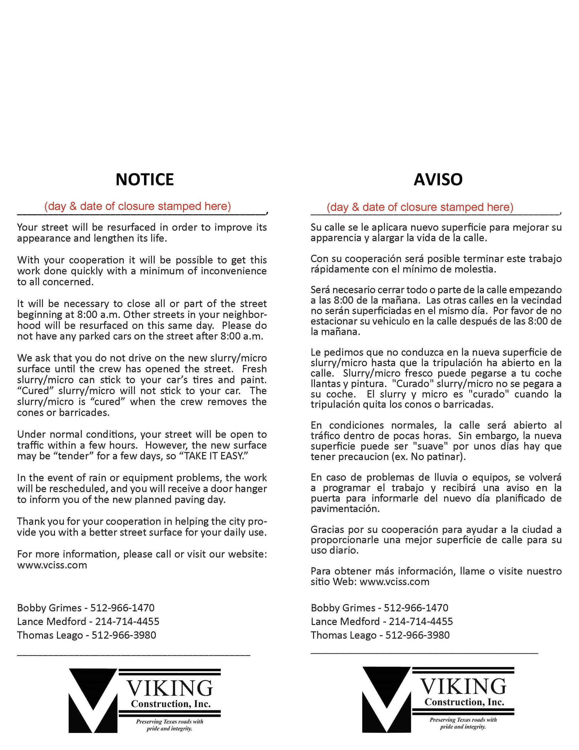 Viking door hanger notices for 2024 Micro Surfacing